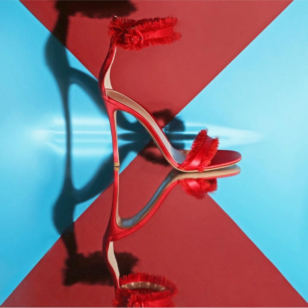 GIANVITO ROSSI Caribe 105 Red Satin Fringe Trim Accent Sandals Size 40.5 - Picture 15 of 16